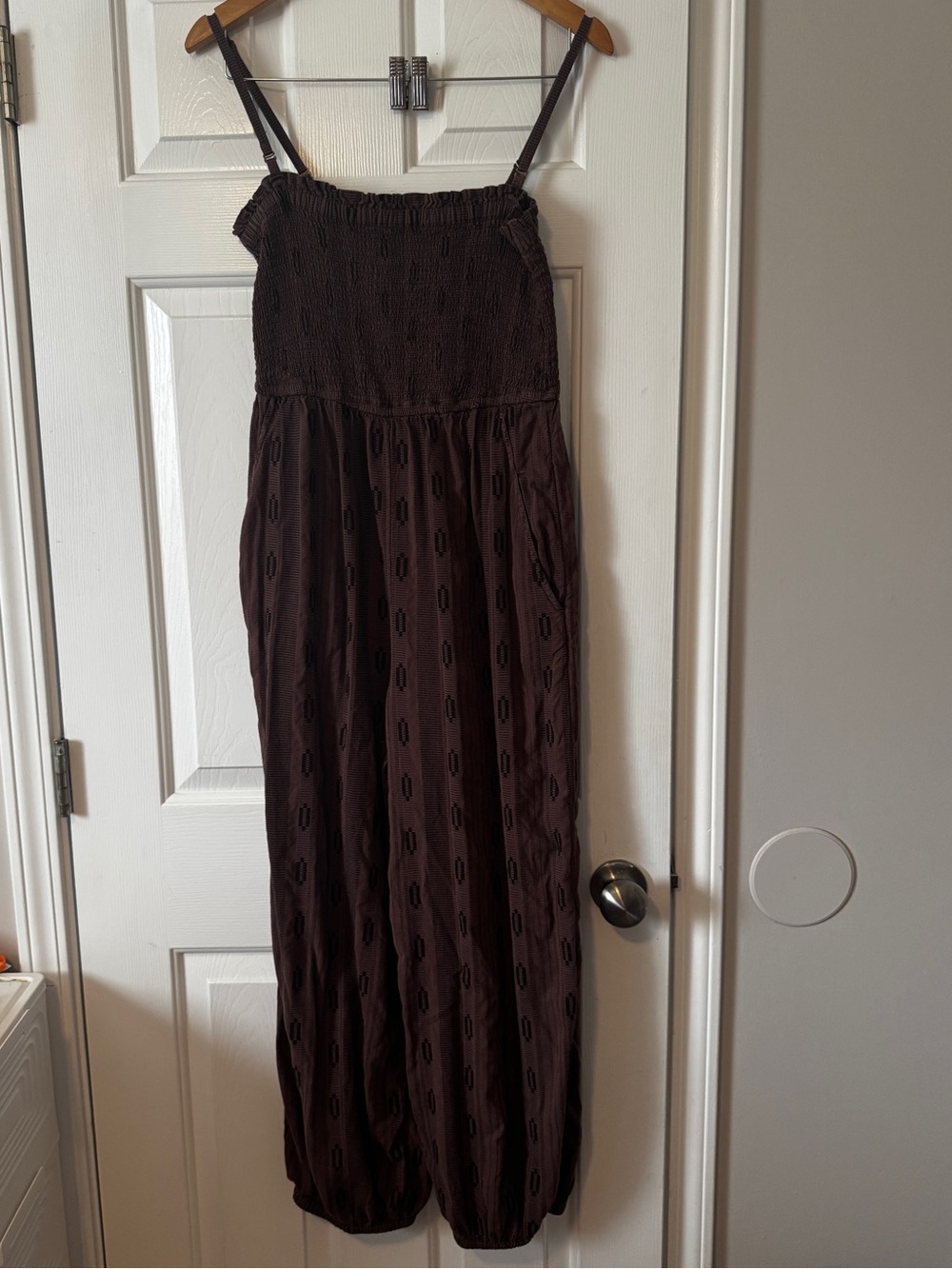 Anthropologie Smocked Boho Jumpsuit Brown & Black Size Medium | Jogger Cuffs Poc